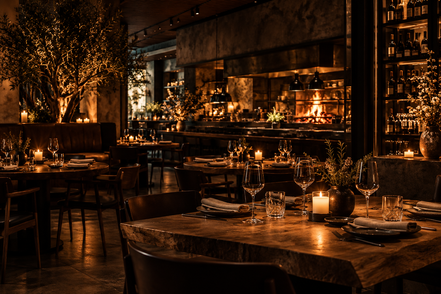 Intim restaurant med træborde, varme lamper og åbent køkken