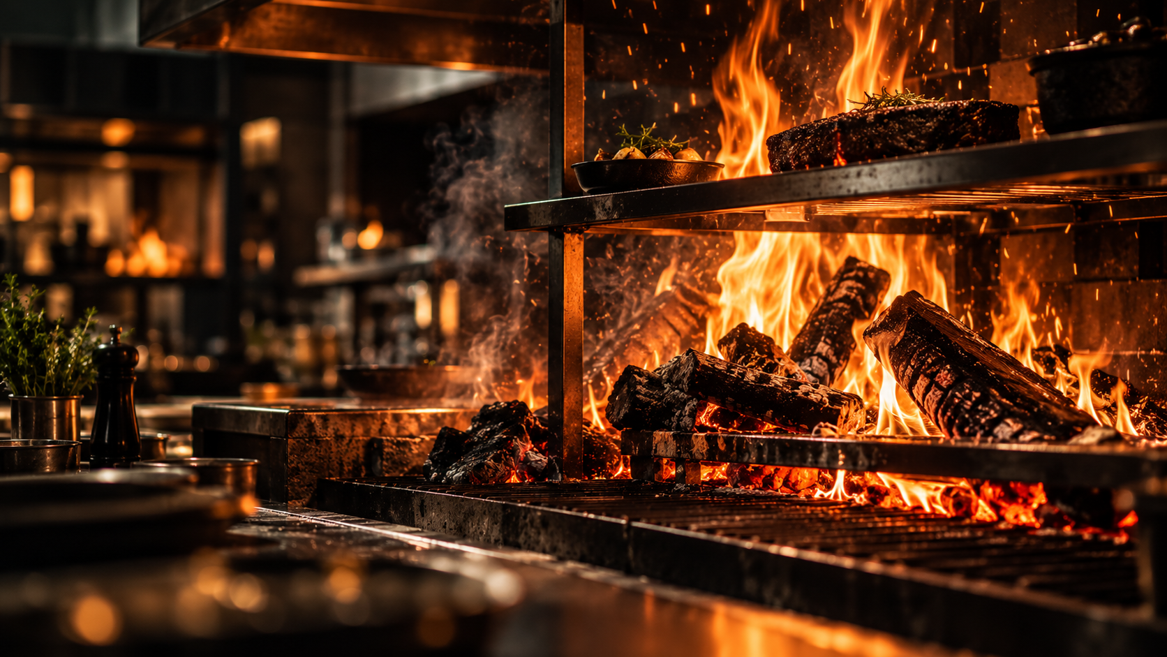 Flammer og glødende trækul i restaurantens åbne grill